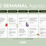 Menú semanal de verano con opciones de comida y cena para cada día de la semana, incluyendo ensaladas, pescados y platos vegetarianos.