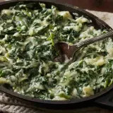 Cremosas espinacas a la crema, servidas en una sartén de hierro fundido con una cuchara lista para servir.