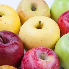 Variedad de manzana tipos: rojas, verdes y amarillas, dispuestas en un grupo.