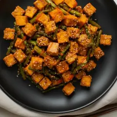 Salteado de verduras con cubos de tofu dorado y semillas de sésamo.