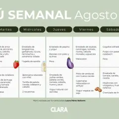 Menú semanal de verano con opciones de comida y cena para cada día de la semana, incluyendo ensaladas, pescados y platos vegetarianos.