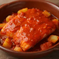 Bacalao a la riojana, un plato tradicional con trozos de patata y pimiento en una rica salsa de tomate.