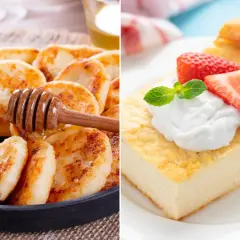 Deliciosas tortitas de queso cottage doradas con miel y un trozo de tarta de queso con fresas. ¡Ideas para recetas con queso cottage!