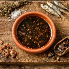Un tazón de garum, salsa de pescado fermentado, junto a pescado seco, hierbas y sal. Así se elaboraba el garum que es.