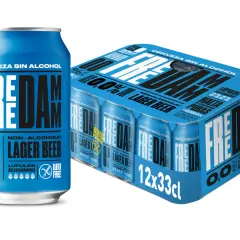 Lata y pack de cerveza sin alcohol Freddam, destacando sus ingredientes: lúpulos seleccionados y malta pura.