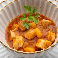 Un delicioso marmitako de bonito con patatas y pimientos en una cazuela, adornado con perejil fresco.