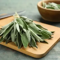 Manojo de salvia para cocinar sobre tabla de madera, con un cuchillo y un cuenco de madera con más hojas al fondo.