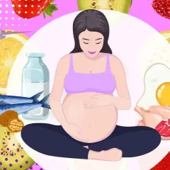 Mujer embarazada rodeada de frutas, pescado y huevos. Se puede comer cuajo en el embarazo, una fuente de proteínas.