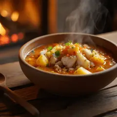 Un reconfortante plato de bacalao al horno humea junto a una chimenea crepitante.