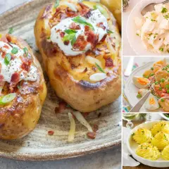 Variedad de recetas con patatas: patatas asadas rellenas, ensalada de patatas y huevos, y puré de patatas en forma de rosetas.