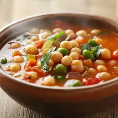 Un reconfortante plato de garbanzos con guisantes y verduras en un cuenco de barro. Una deliciosa receta de garbanzos para el alma.