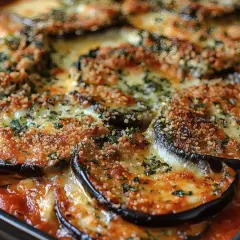 Berenjena a la parmigiana recién horneada, con capas de berenjena, salsa de tomate y queso derretido, cubierta con pan rallado y hierbas.
