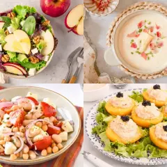 Deliciosas comidas frescas para el verano: ensalada de manzana y queso, sopa cremosa, ensalada de legumbres y melocotones rellenos.