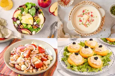Deliciosas comidas frescas para el verano: ensalada de manzana y queso, sopa cremosa, ensalada de legumbres y melocotones rellenos.