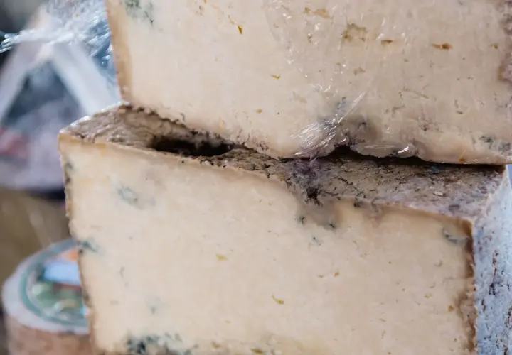 Dos bloques de queso apilados, con moho azul visible, sugieren que es queso en mal estado.