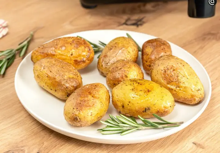 Patatas asadas en freidora de aire, doradas y crujientes, servidas con romero fresco en un plato blanco sobre una mesa de madera.