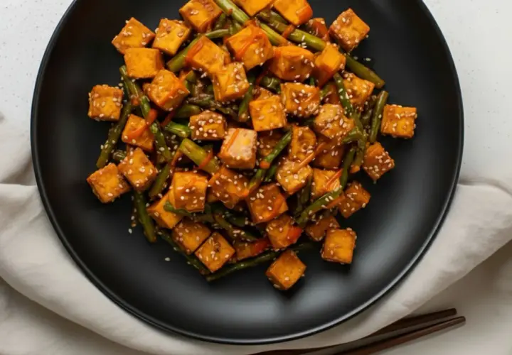 Salteado de verduras con cubos de tofu dorado y semillas de sésamo.