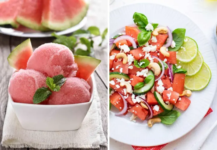 Deliciosas recetas con sandía: sorbete rosa refrescante y ensalada veraniega con queso feta y anacardos.