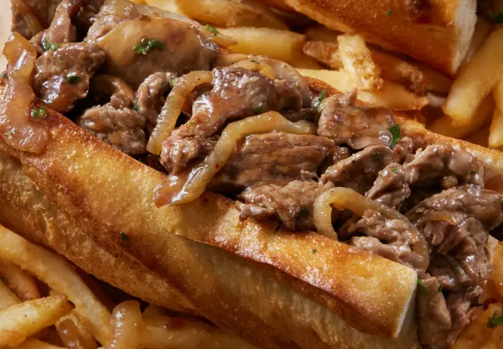 Un delicioso pepito de ternera con cebolla caramelizada, servido en pan crujiente y acompañado de patatas fritas doradas.
