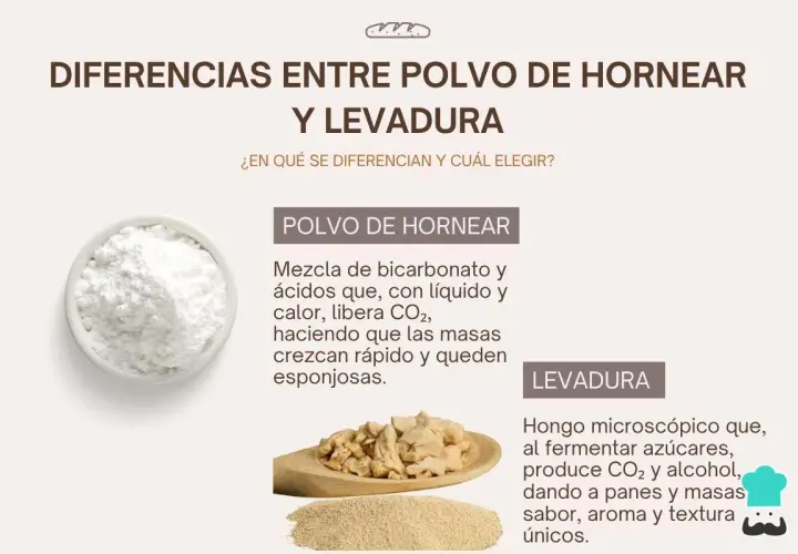 Comparativa visual de polvo de hornear y levadura, explicando la diferencia entre levadura fresca y seca y sus usos en repostería.