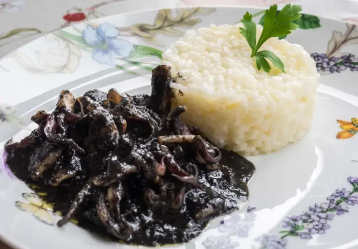 Deliciosos calamares en su tinta, servidos con arroz blanco y decorados con perejil fresco.