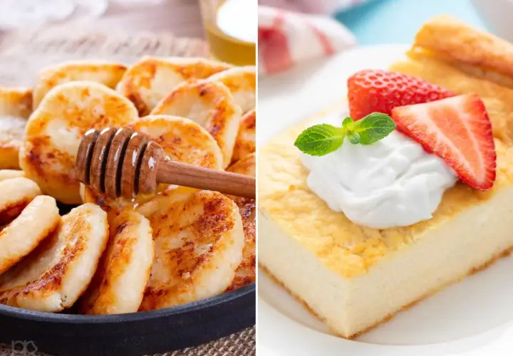 Deliciosas tortitas de queso cottage doradas con miel y un trozo de tarta de queso con fresas. ¡Ideas para recetas con queso cottage!