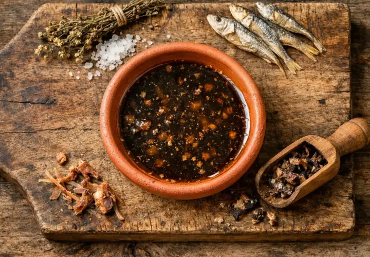 Un tazón de garum, salsa de pescado fermentado, junto a pescado seco, hierbas y sal. Así se elaboraba el garum que es.