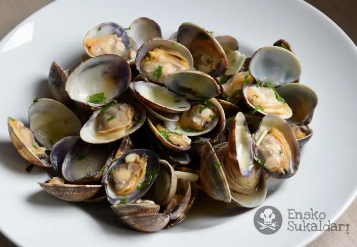 Un plato de almejas a la marinera, recién cocinadas y espolvoreadas con perejil picado.
