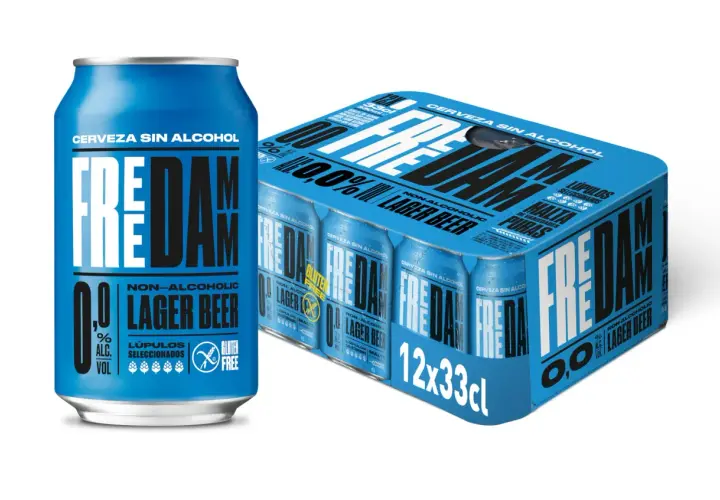 Lata y pack de cerveza sin alcohol Freddam, destacando sus ingredientes: lúpulos seleccionados y malta pura.
