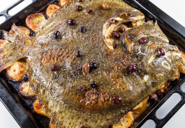 Rodaballo al horno con patatas y aceitunas, una de las mejores rodaballo recetas gourmet.