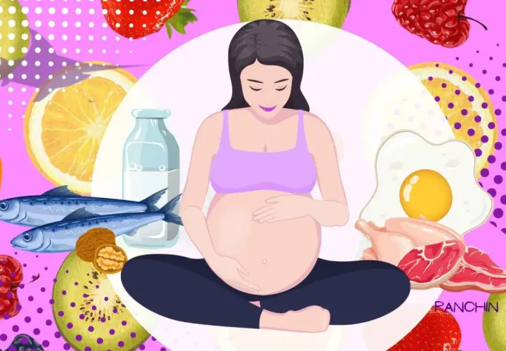 Mujer embarazada rodeada de frutas, pescado y huevos. Se puede comer cuajo en el embarazo, una fuente de proteínas.