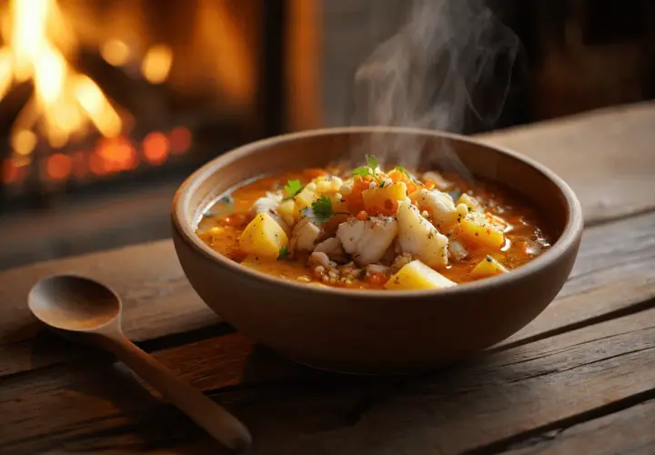 Un reconfortante plato de bacalao al horno humea junto a una chimenea crepitante.