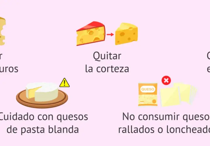 Consejos para el embarazo: tomar quesos duros pasteurizados, quitar corteza, cuidado con quesos blandos, no rallados/loncheados, conservar en nevera.