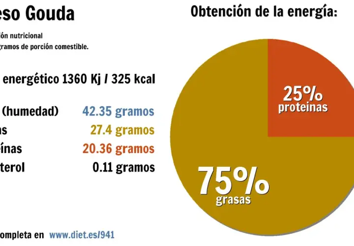 Información nutricional del queso Gouda: 75% grasas, 25% proteínas. Destacan sus propiedades energéticas.