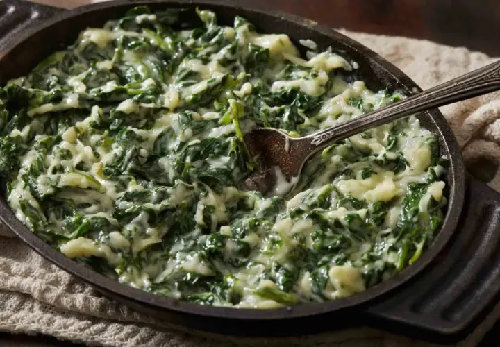Cremosas espinacas a la crema, servidas en una sartén de hierro fundido con una cuchara lista para servir.