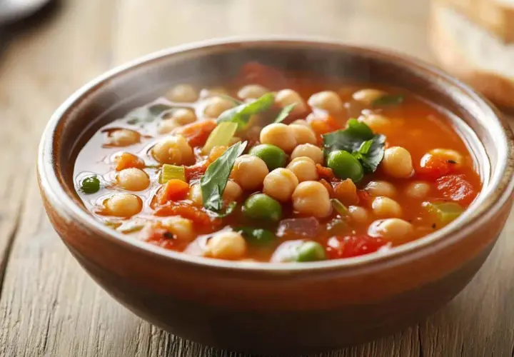 Un reconfortante plato de garbanzos con guisantes y verduras en un cuenco de barro. Una deliciosa receta de garbanzos para el alma.