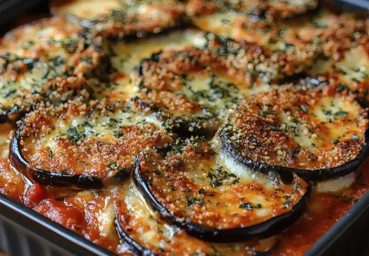 Berenjena a la parmigiana recién horneada, con capas de berenjena, salsa de tomate y queso derretido, cubierta con pan rallado y hierbas.