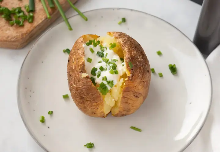 Patatas asadas crujientes rellenas de crema agria y cebollino fresco. Un plato sencillo y delicioso.