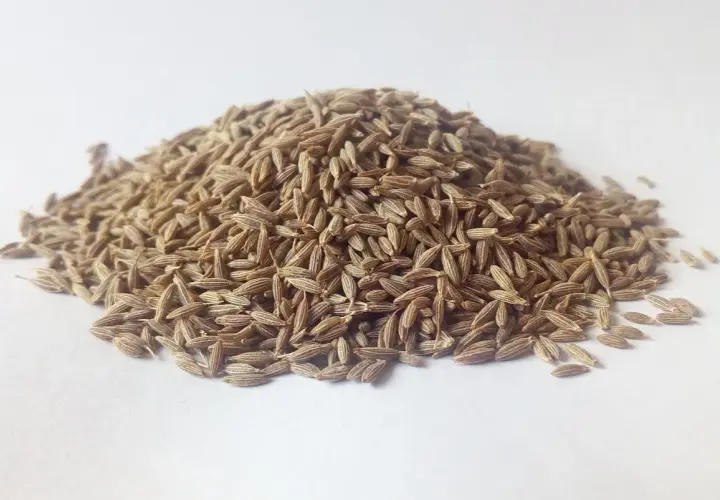Montón de semillas de comino secas, con su forma alargada y color marrón claro, listas para dar sabor a tus platillos.