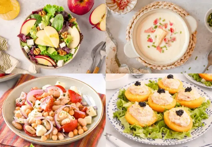 Deliciosas comidas frescas para el verano: ensalada de manzana y queso, sopa cremosa, ensalada de legumbres y melocotones rellenos.