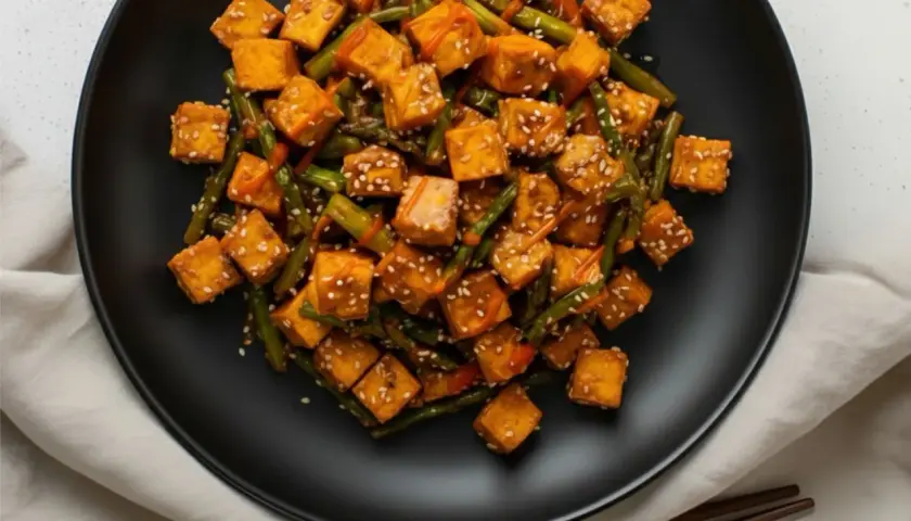 Salteado de verduras con cubos de tofu dorado y semillas de sésamo.