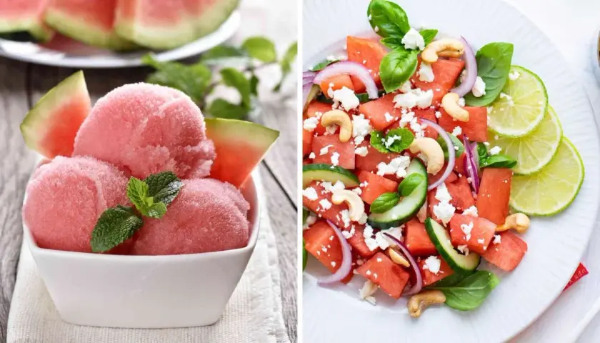 Deliciosas recetas con sandía: sorbete rosa refrescante y ensalada veraniega con queso feta y anacardos.
