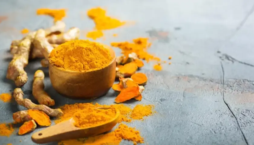 Raíces de cúrcuma y polvo vibrante. La cúrcuma es curry, esencial para dar color y sabor a tus platos.