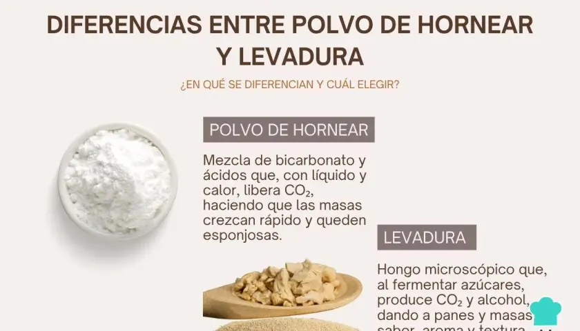 Comparativa visual de polvo de hornear y levadura, explicando la diferencia entre levadura fresca y seca y sus usos en repostería.