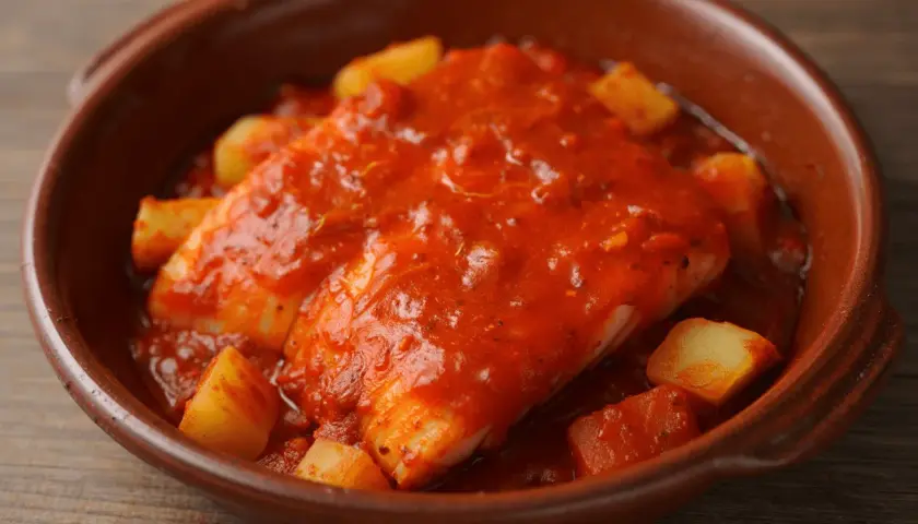 Bacalao a la riojana, un plato tradicional con trozos de patata y pimiento en una rica salsa de tomate.