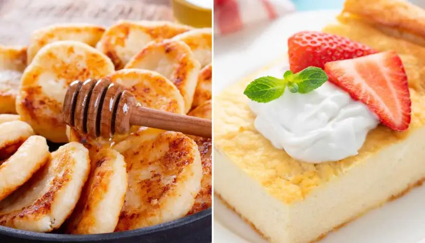 Deliciosas tortitas de queso cottage doradas con miel y un trozo de tarta de queso con fresas. ¡Ideas para recetas con queso cottage!