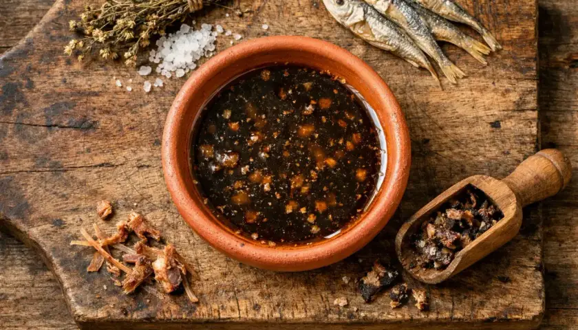 Un tazón de garum, salsa de pescado fermentado, junto a pescado seco, hierbas y sal. Así se elaboraba el garum que es.