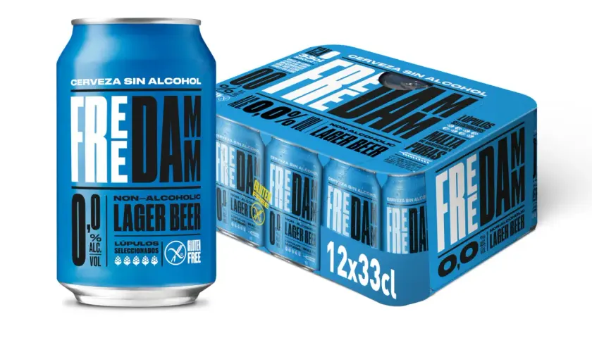 Lata y pack de cerveza sin alcohol Freddam, destacando sus ingredientes: lúpulos seleccionados y malta pura.