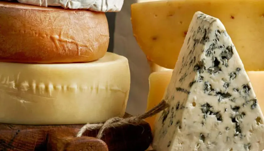 Variedad de quesos, incluyendo un trozo de queso azul y ruedas de queso, algunos de que quesos son pasteurizados.