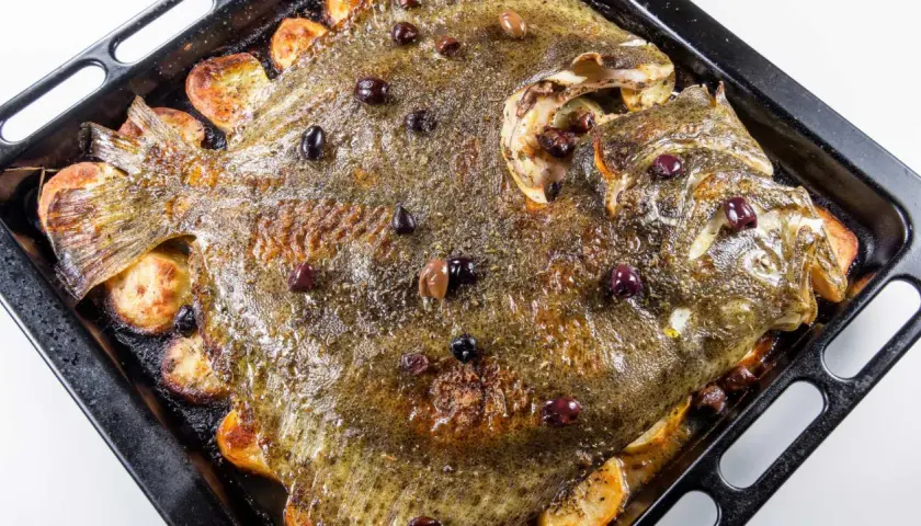Rodaballo al horno con patatas y aceitunas, una de las mejores rodaballo recetas gourmet.